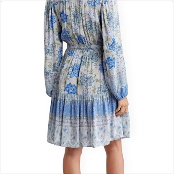 Lucky Brand Blue Floral Pattern Elastic Waist Long Sleeve Bohemian Dress NWT L - Picture 3 of 7